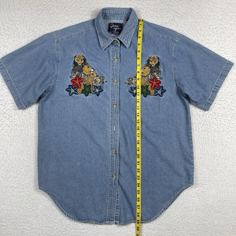 Quizz Again Denim Shirt Womens Medium Blue Embroidered‎ 90s Safari Animals - Picture 11 of 13